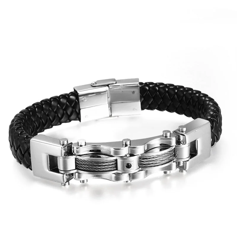 Women's cocktail bangles-Stainless Steel Cable Wire Braided Leather Bracelet