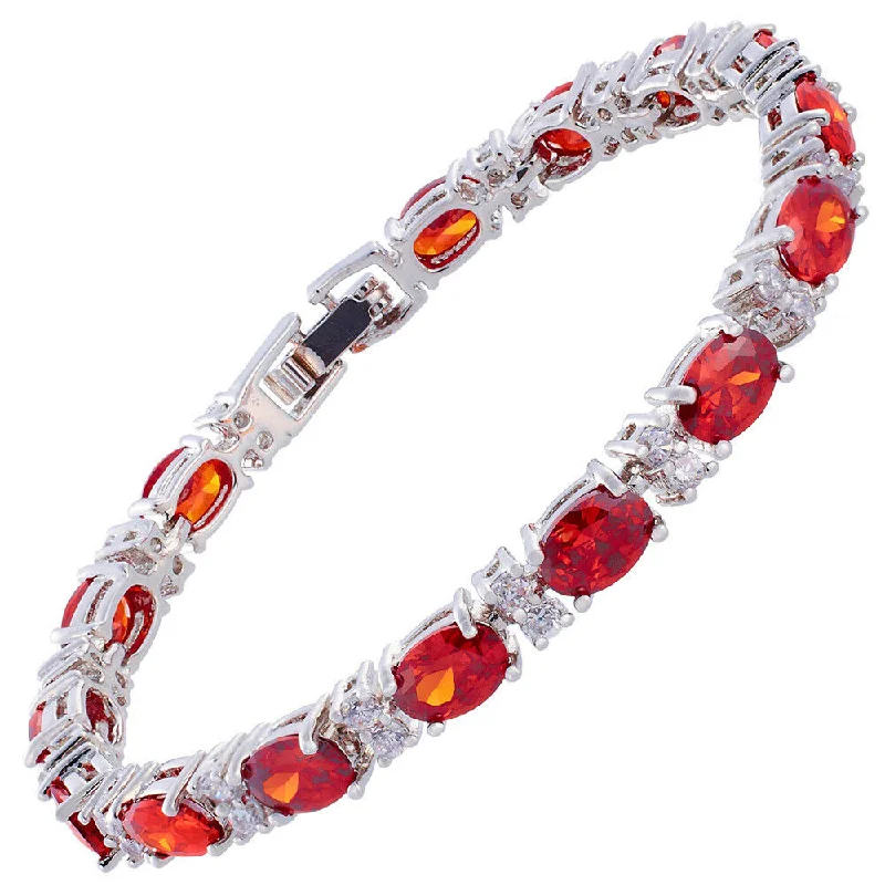 Women's exclusive bangles-18K White Gold Plated Oval Created Red Garnet Tennis Bracelet