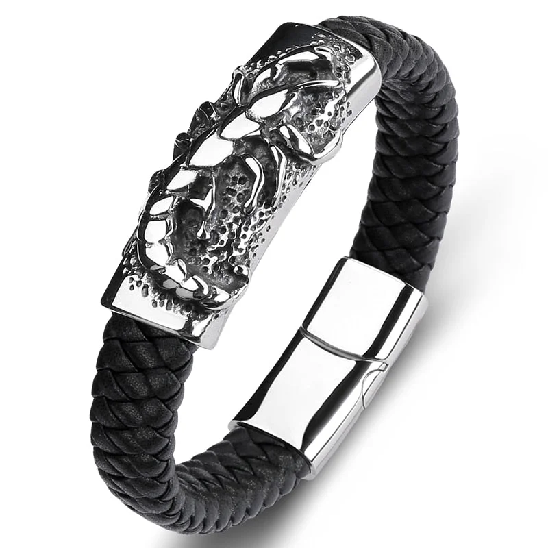 Women's platinum bangles-Black Braided Leather Stainless Steel Scorpion Bracelet