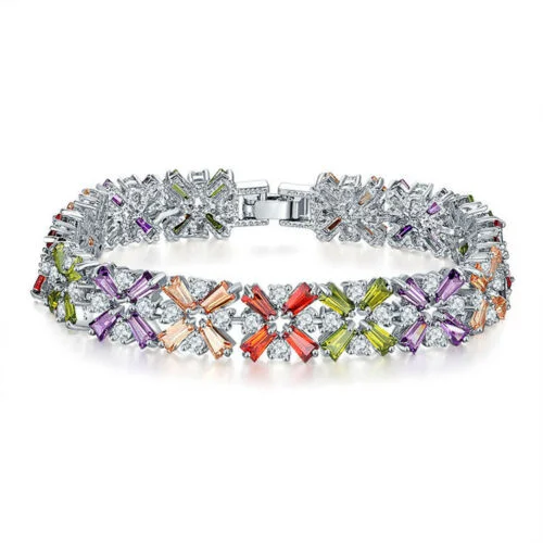 Women's friendship bangles-Platinum Plated Multi-Color Gemstone Tennis Bracelet