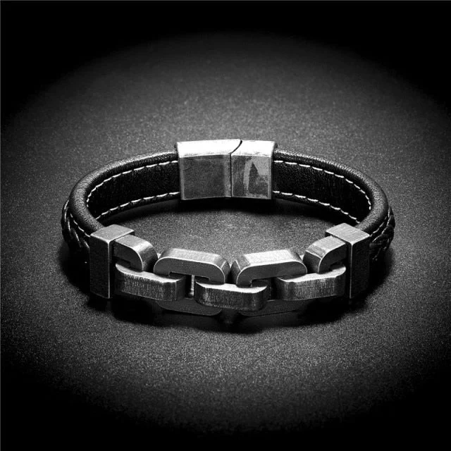 Women's custom engraving bangles-Gunmetal Stainless Steel Leather Biker Chain Bracelet