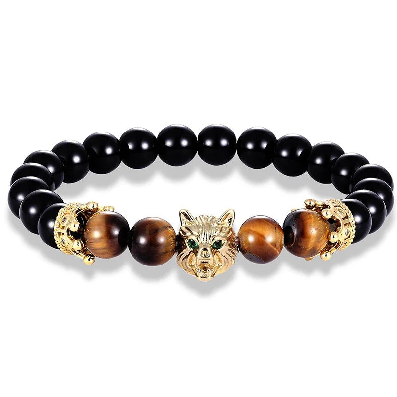 Women's rose gold bangles-8mm Black Onyx Tiger-Eye Crown Wolf Bead Bracelet