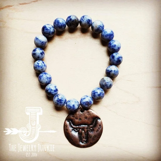 Minimalist women's bangles-Blue Spot Bracelet with Steer Head Coin Bracelet