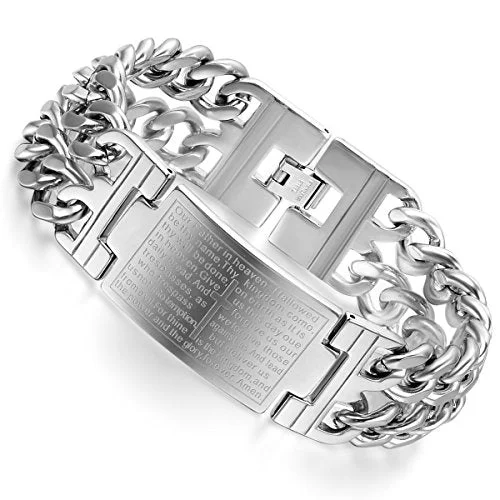 Women's formal bangles-Stainless Steel ENGLISH Lord's Prayer Cross Link Bracelet 9"