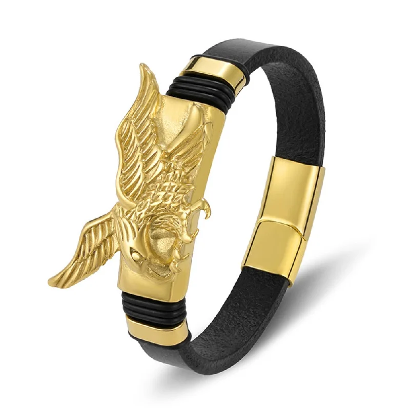 Women's fingerprint bangles-Gold Plated Stainless-Steel Leather Flying Eagle Bracelet