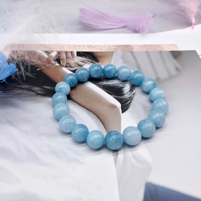 Women's Christmas bangles-6/8/12mm Natural Aquamarine Gemstone Bead Bracelet