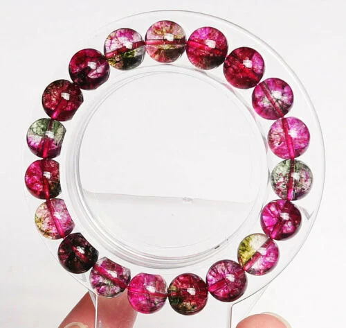 Women's Buddha bangles-9.9mm Natural Watermelon Tourmaline Bead Bracelet