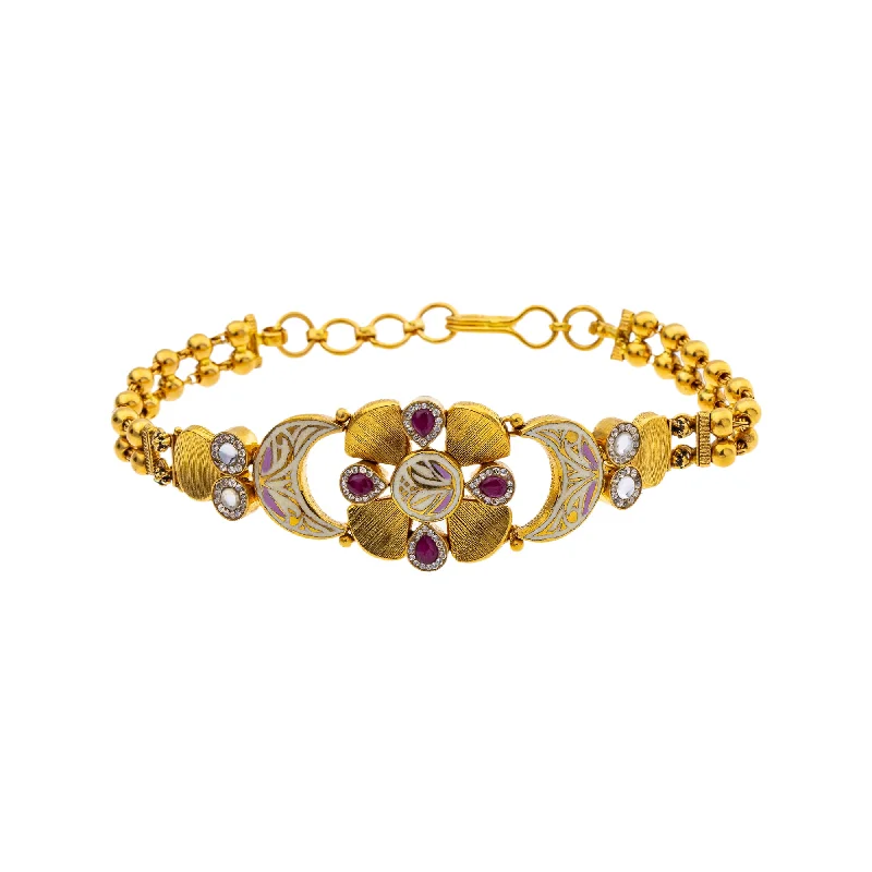 Women's exclusive bangles-22K Yellow Gold 7 inch Bracelet w/ Kundan, Ruby, & CZ (15.3gm)