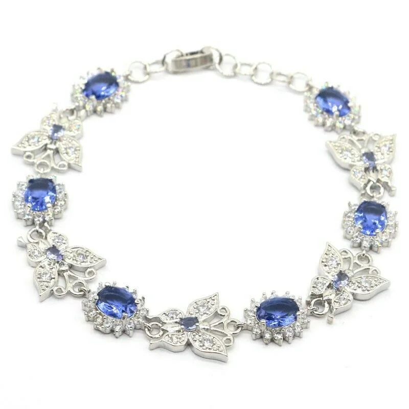 Women's wedding bangles-18kt White Gold Plated Iolite Micro-Pave Butterfly Tennis Bracelet