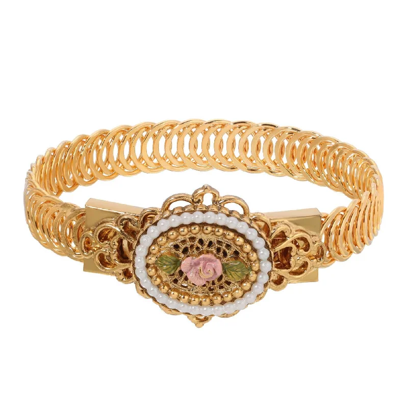 Women's geometric bangles-1928 Jewelry Pearly Eden Pink Rose Enamel Faux Pearl Belt Bracelet