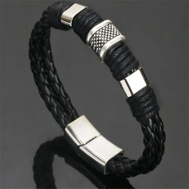 Women's elegant bangles-Full Grain Black or Brown Leather Stainless Steel Hardware Icon Bracelet