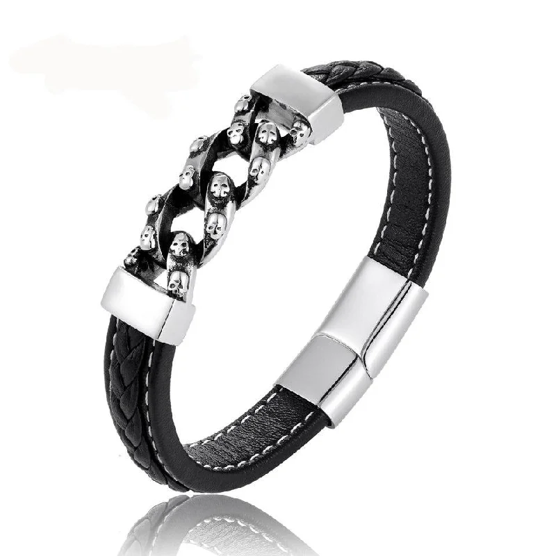 Women's vintage-inspired bangles-Leather Oxidized Stainless Steel Multiple Skulls Bracelet