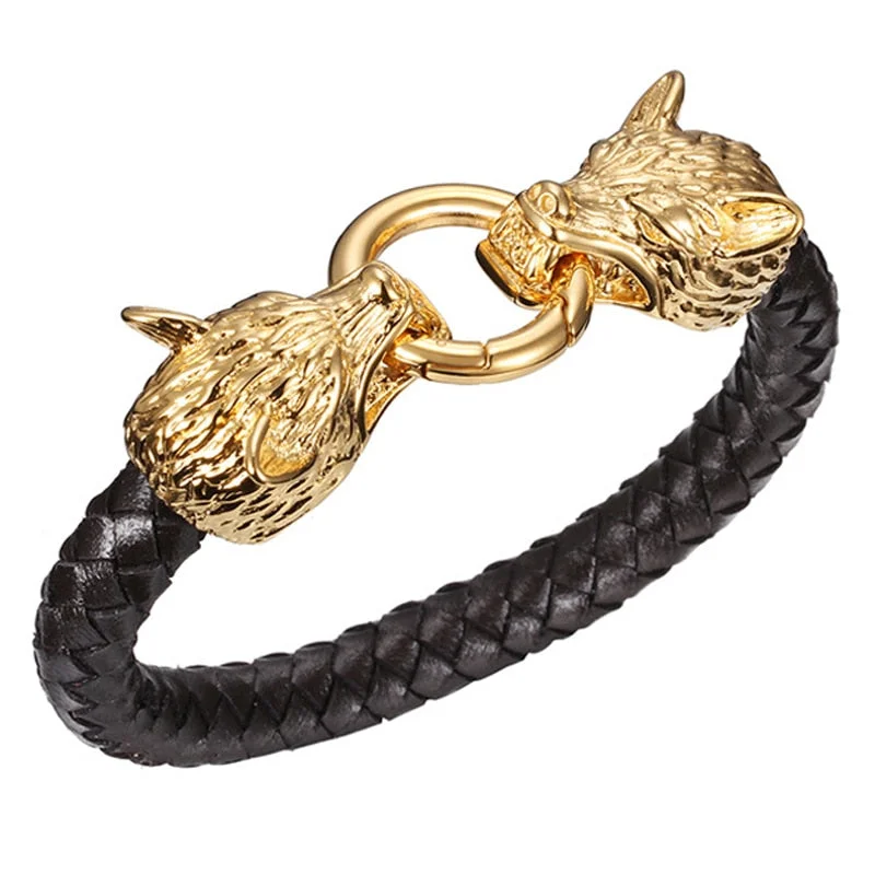 Affordable women's bangles-Stainless Steel Double Wolves Braided Black Leather Bracelet 8.66"