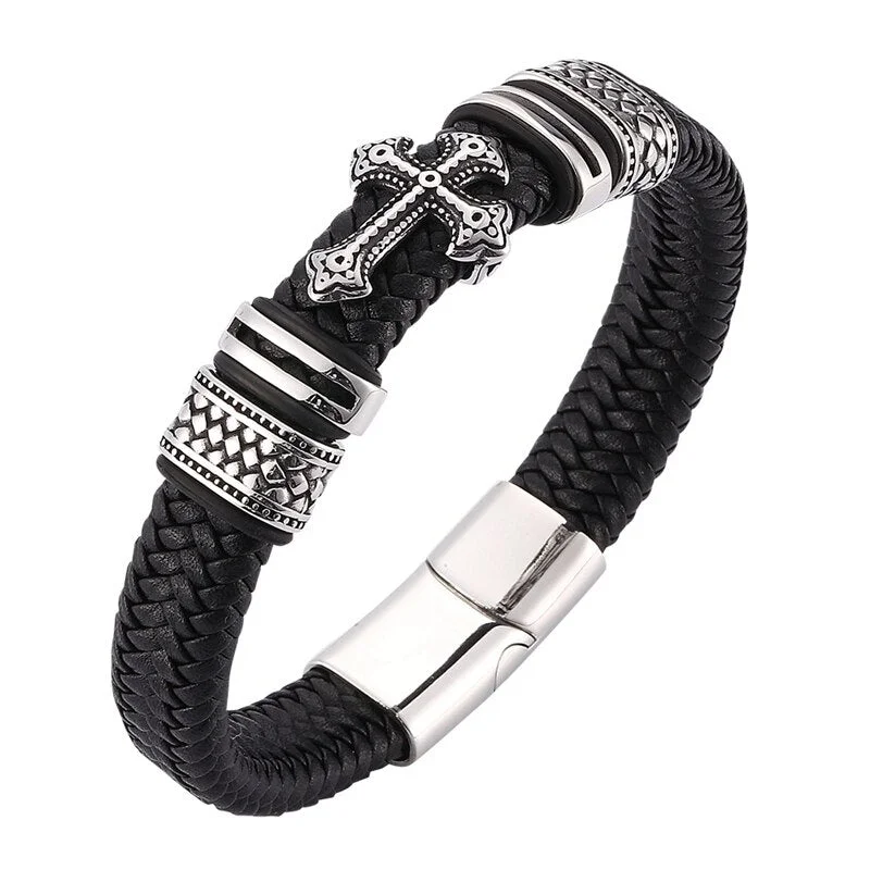 Women's family bangles-Braided Leather Stainless Steel Cross Bracelet