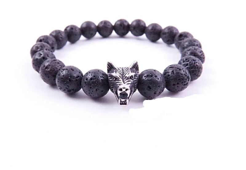 Women's geometric bangles-8mm Black Lava Rock Round Bead Wolf Bracelet