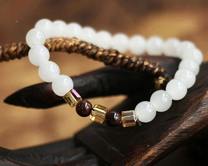 Women's silver bangles-6mm Natural White Jade Garnet Crystal Bead Bracelet