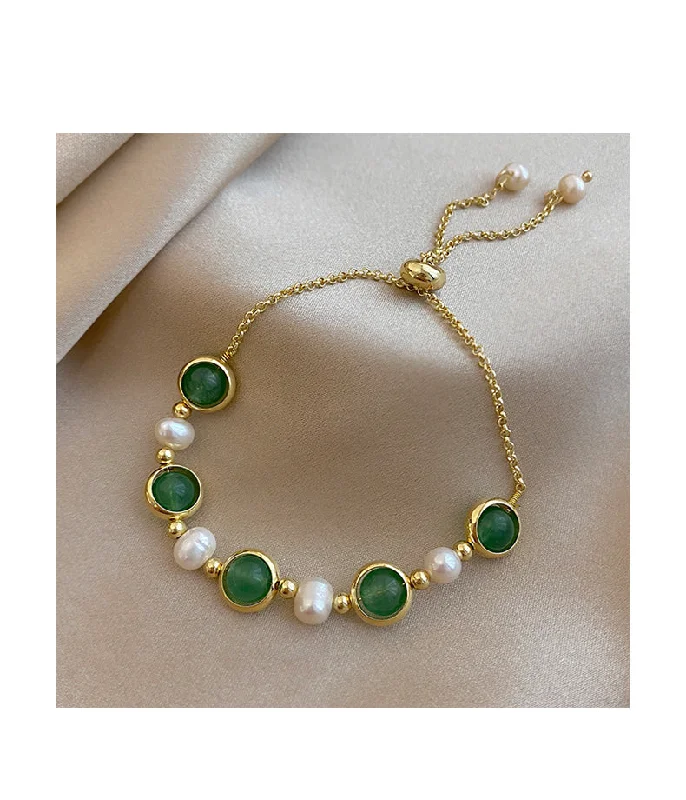 Women's photo bangles-Natural Green Jade Freshwater Pearl Adjustable Bracelet