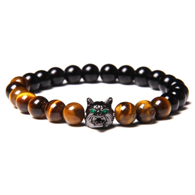 Women's tennis bracelets-8mm Natural Tiger-Eye Black Onyx Bead Wolf Bracelet