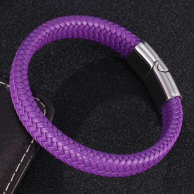 Women's investment bangles-Purple Braided Genuine Leather Stainless Steel Magnetic Bracelet