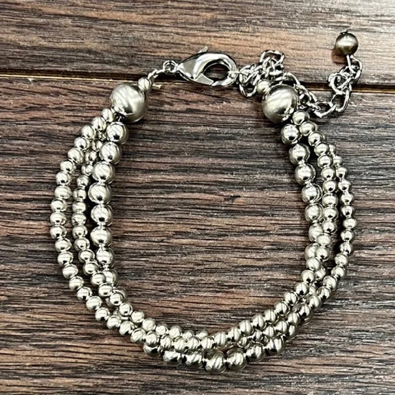 Women's fashion bangles-Three Strand Silver Navajo Pearl Bracelet