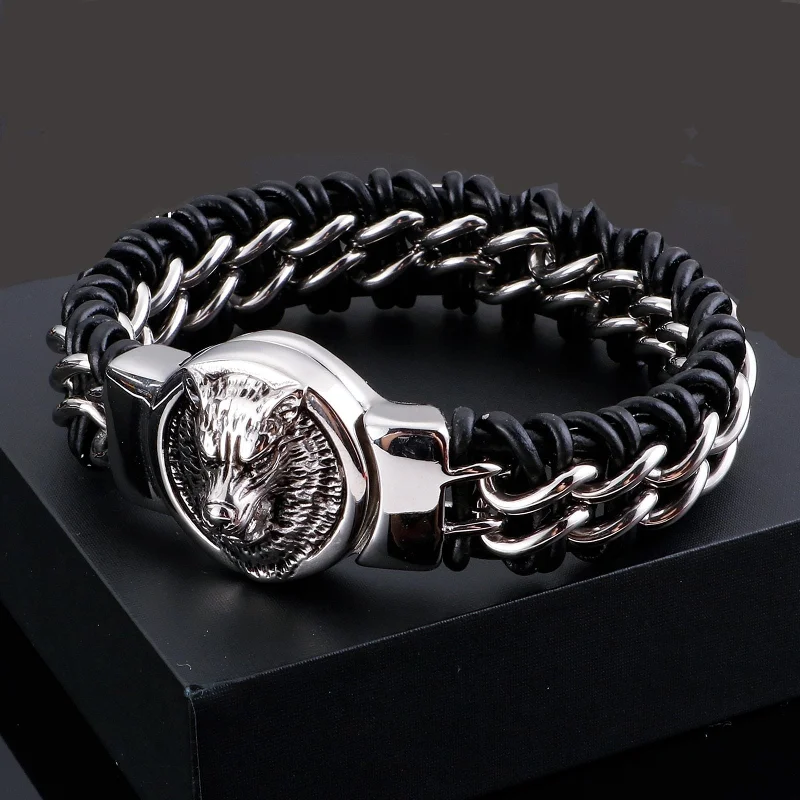 Women's luxury brand bangles-Woven Leather Stainless Steel Wolf Medallion Bracelet