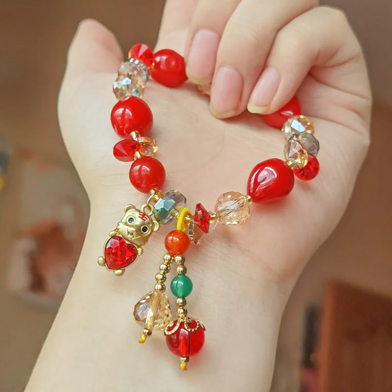 Women's statement bangles-Multi-Color Crystal Red Heart Bear Bead Bracelet