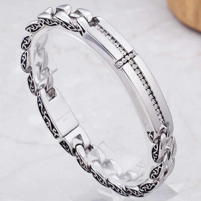 Women's investment bangles-Stainless Steel CZ Christian Cross Bar Link Bracelet