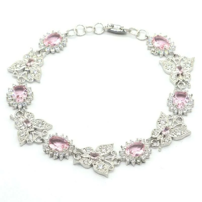 Women's cross bangles-18k White Gold Plated Pink Kunzite Butterfly Tennis Bracelet