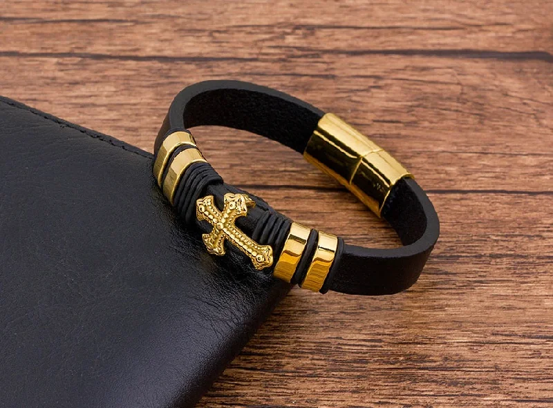 High-end women's bangles-Black Leather Gold Plated Stainless Steel Cross Bracelet