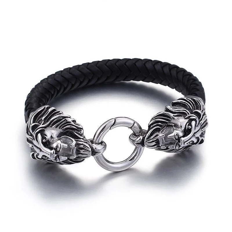 Women's leather bangles-Stainless Steel Braided Black Leather Double Lions Bracelet