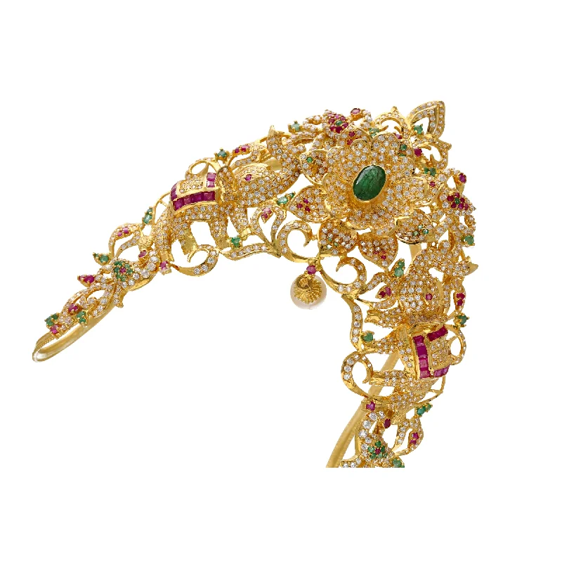 Women's cross bangles-22K Yellow Gold Vanki Arm Bracelet w/ Emerald, Ruby, Pearls & CZ (64.5grams)