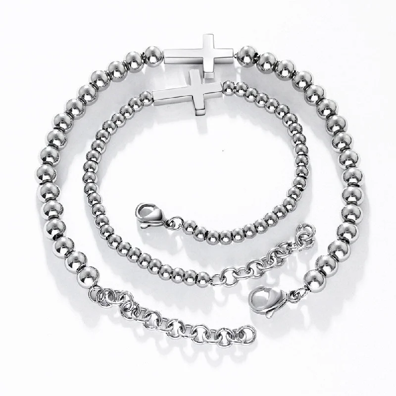 Women's eco-friendly bangles-Stainless Steel Beaded Sideways Horizontal Cross Link Bracelet