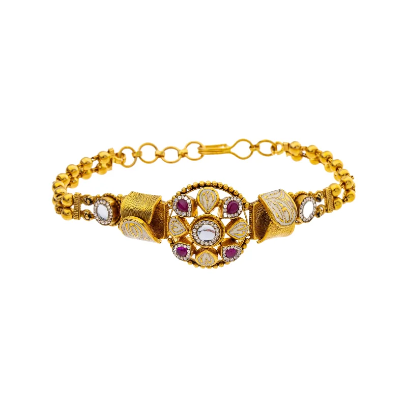 Women's sizeable bangles-22K Yellow Gold 7 inch Bracelet w/ Kundan, Ruby, & CZ (16.8gm)