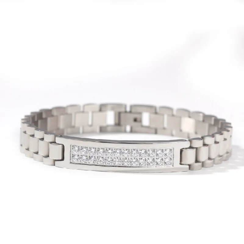 Women's graduation bangles-Stainless Steel Minimalist Iced-Out CZ Bar Link Bracelet