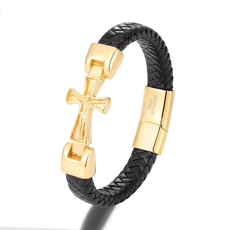 Women's photo bangles-Black Leather Stainless Steel Jesus Cross Magnetic Bracelet