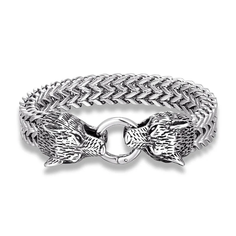 Women's wedding bangles-Stainless Steel Link Mesh Viking Double Wolf Bracelet