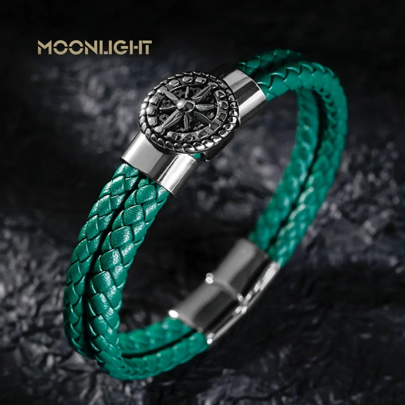 Women's Buddha bangles-Braided Leather Ship's Wheel Luxury Stainless Steel Bracelet