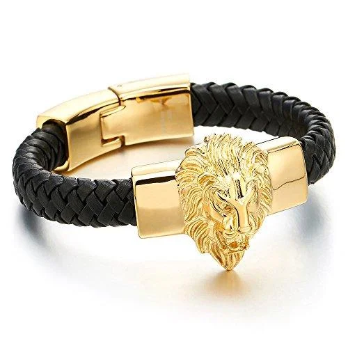 Women's minimalist bangles-Stainless Steel Gold Plated Black Leather Lion Bracelet