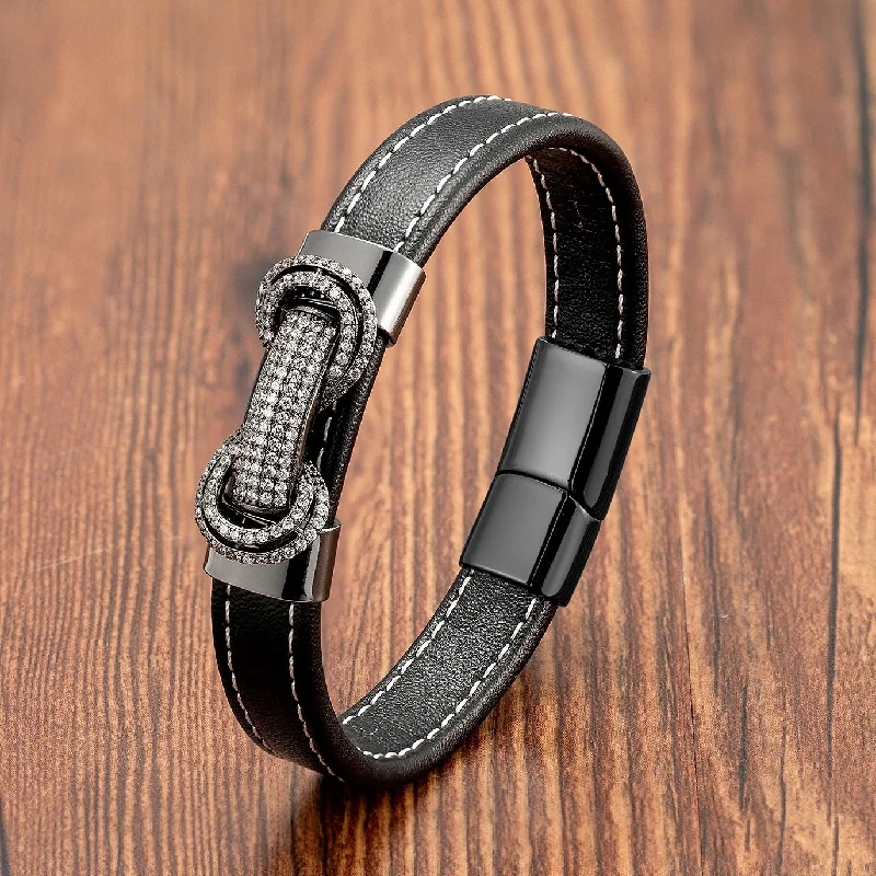 Women's casual bangles-Black Leather Luxury Minimalist Bracelet with Micro CZ Inlay 9"