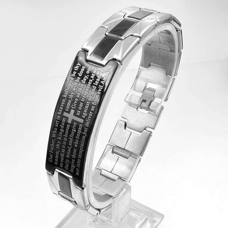 Women's silver bangles-Black and Stainless-Steel Cross Bible Verse Religious Link Bracelet