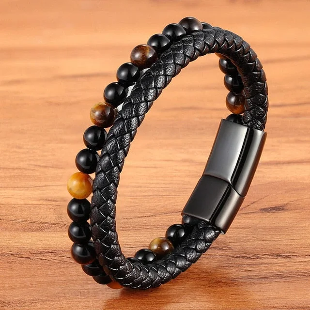 Women's leather bangles-Multi-Layered Leather Tiger-Eye Obsidian Bead Bracelet