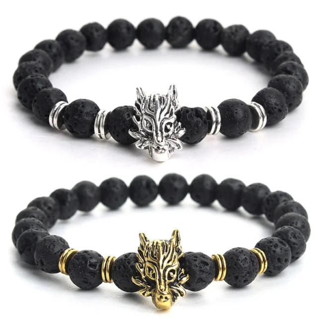 Women's celestial bangles-8mm Black Lava Rock Round Bead Wolf Bracelet