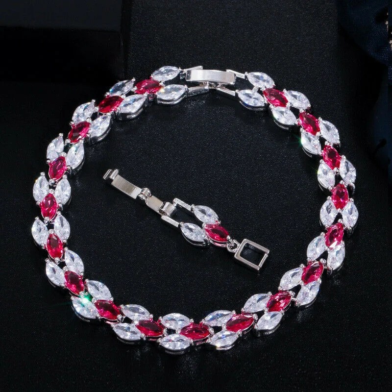 Affordable women's bangles-Created Pink and White Sapphire Marquise Shape Tennis Bracelet