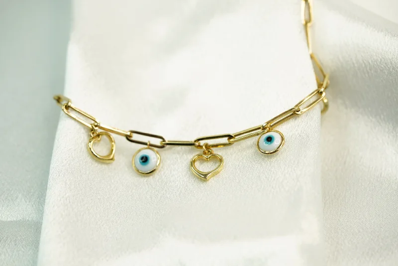 Women's K gold bangles-14k  Heart and Blue Eye pendants in Clip Bracelet