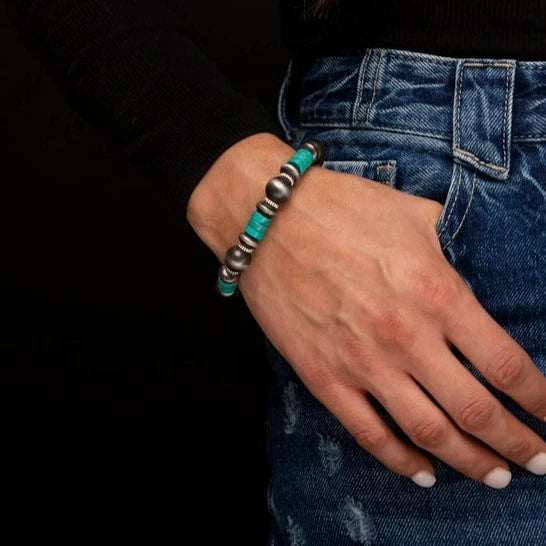 Women's sapphire bangles-West & Co. Silver Navajo Inspired Pearl & Turquoise Stretch Bracelet