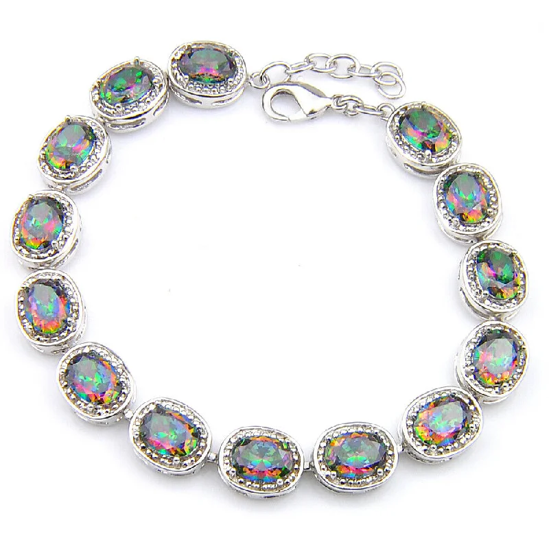 Women's Buddha bangles-Mystic Topaz Oval Shape Tennis Bracelet