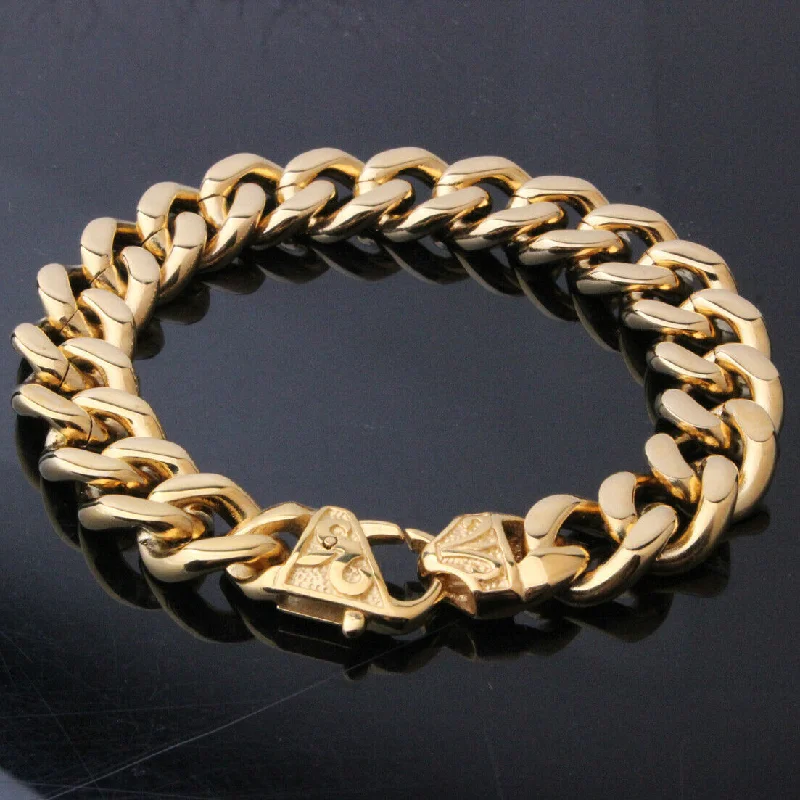 Women's minimalist bangles-Men's Stainless Steel Gold Miami Cuban Link Chain Bracelet