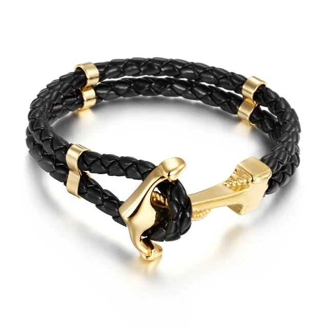 Women's tennis bracelets-Braided Leather Gold Plated Stainless Steel Anchor Bracelet