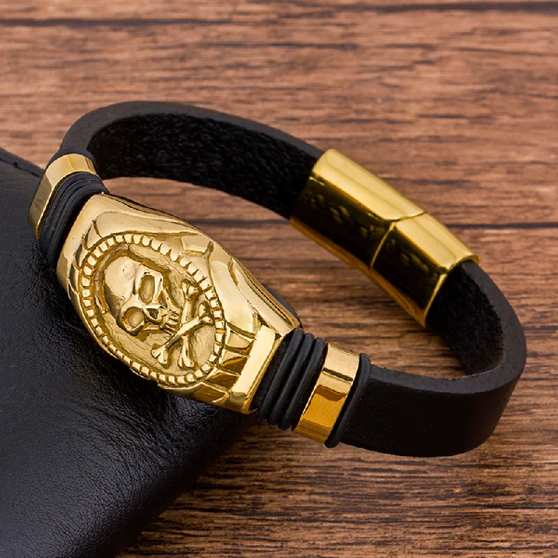 Women's custom engraving bangles-Gold-Plated Stainless Steel Black Leather Skull Bracelet