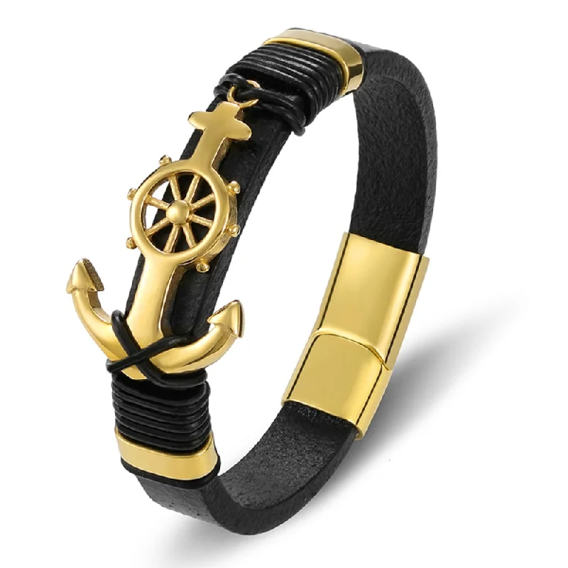 Women's statement bangles-Men's Stainless Steel Leather Anchor Cross Bracelet